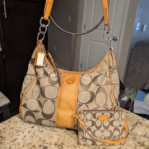 Coach Brown and Orange Signature Hobo Crossbody With Wristlet